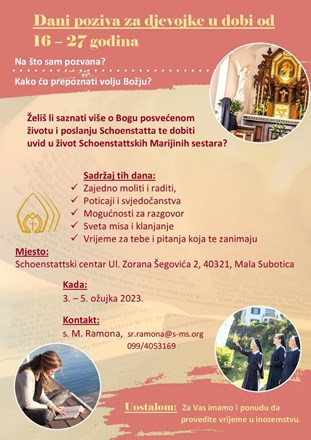 Dani poziva za djevojke 16 - 27 godina u Schönstattskom centru u Maloj Subotici