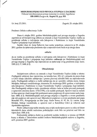 Odluka Međubiskupijskog suda u Zagrebu o odbacivanju tužbe Inicijativnog odbora za ostanak u župi Varaždinske Toplice